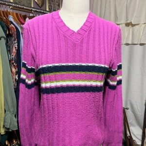 New Moves Pink Striped V-Neck Knit Sweater Bell Sleeve Y2K Retro Large